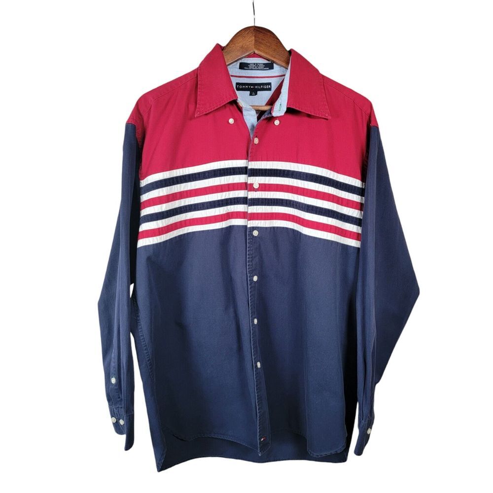 Vtg 00s Tommy Hilfiger Mens Size Large Red White Blue Stripe Button Down Shirt